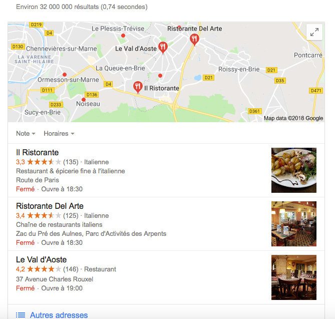 Exemple de rendu pour la recherche "restaurant italien" avec le référencement local