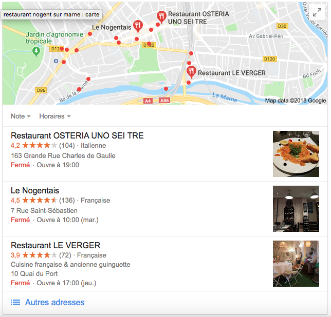 Exemple de résultat pour une recherche de restaurant en référencement local avec GMB